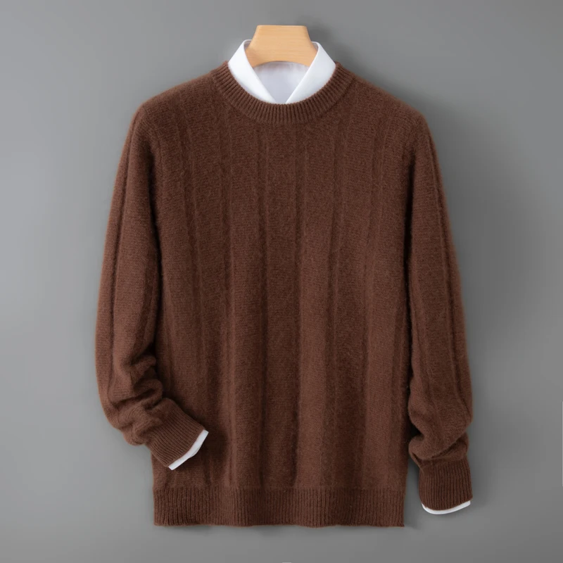 Men's 100% Wool round Neck Pullover Sweater Fair Isle Pattern Knit Warm Base Layer Thickened for Autumn Winter