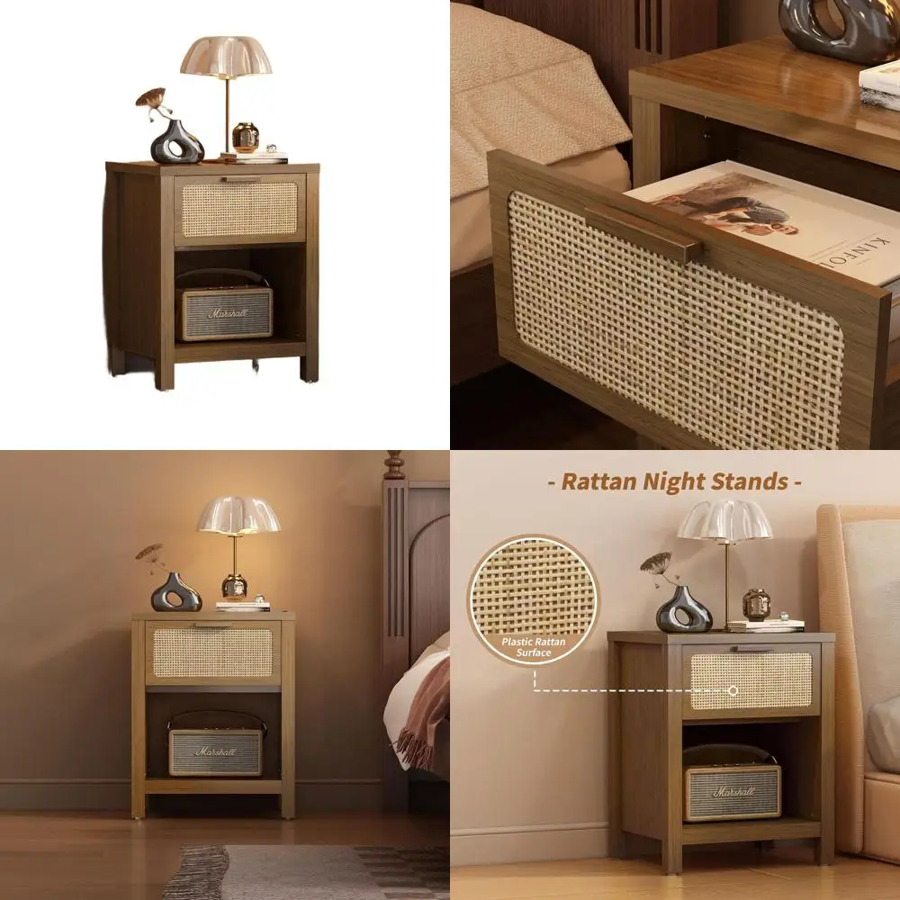 

Mid-Century Rattan Nightstand with Drawer, Large Boho Side Table, Solid Wood Walnut CTG65BR