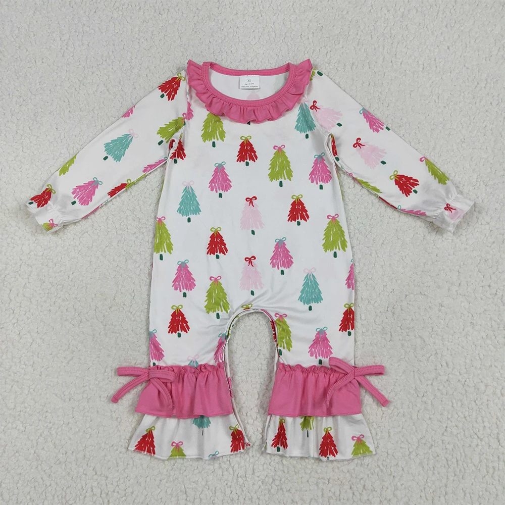 

Baby Girls Christmas Romper Pink Ruffle Long Sleeves Colorful Bows Trees Design Ruffle Pant Rompers for Infants