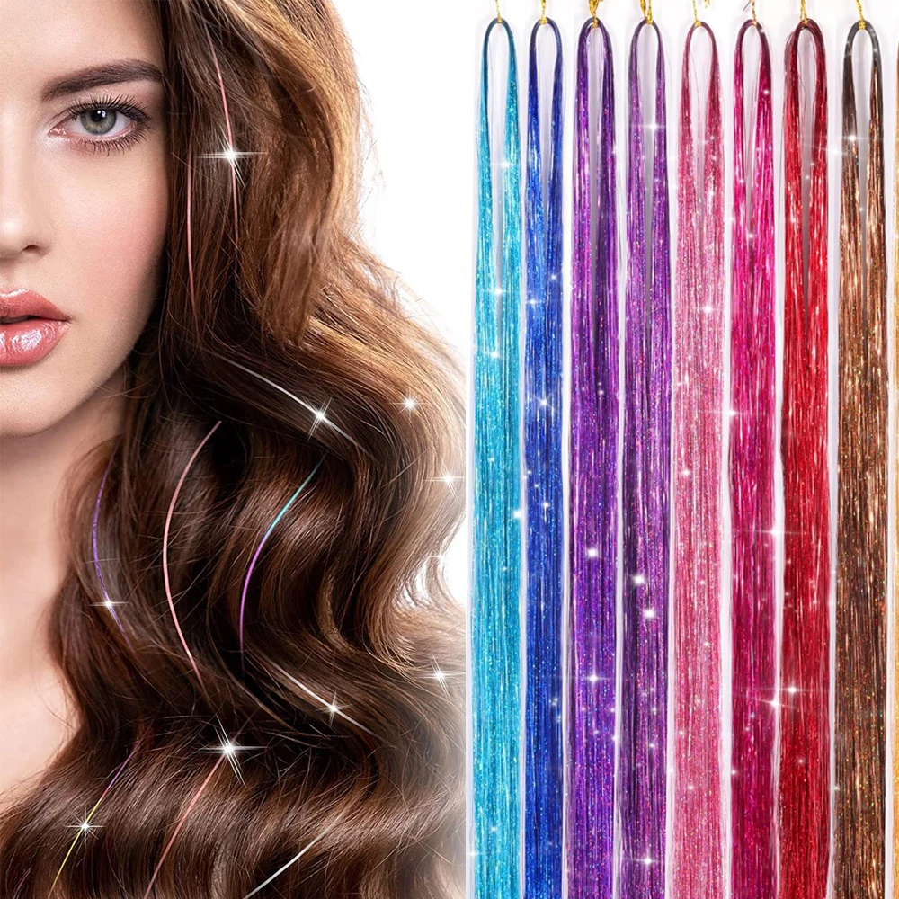 Rainbow Shiny Sparkle Hair Tinsel Kit 47inch Women Glitter Hair Extension Hair Bling Dazzles Girls Hippie Braiding Accessories