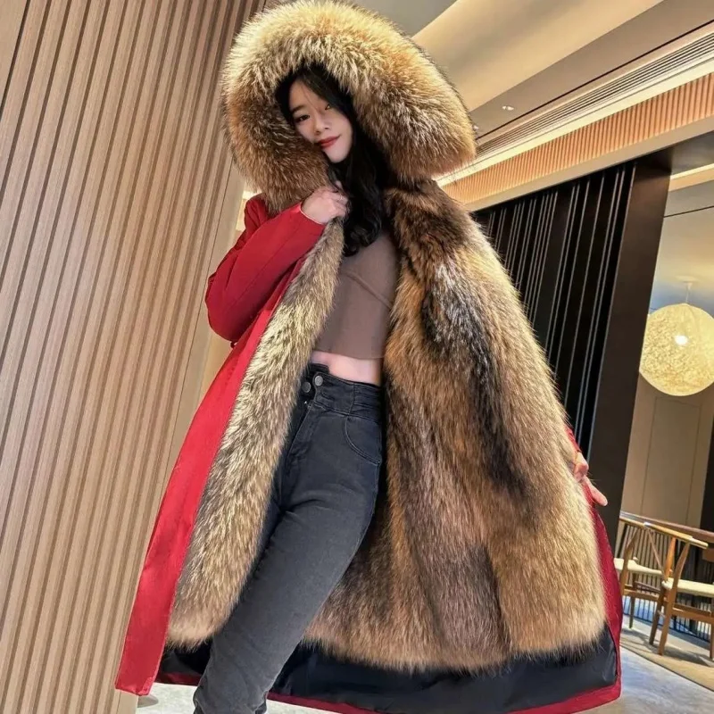 

Новое женское зимнее пальто 2025 года со съемным капюшоном из искусственного лисьего меха, длинная толстая теплая куртка-парка, ветрозащитное пальто w1393