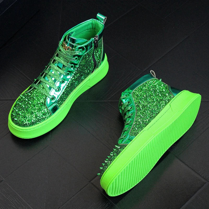 

Модная зеленая мужская повседневная обувь с блестками, дышащие мужские высокие кроссовки, модные мужские туфли с заклепками
