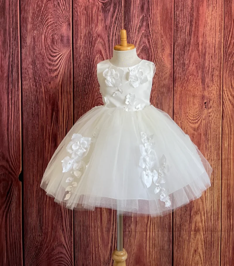 Ivory Floral Embroidery Tulle V-Back Classic Flower Girl Wedding Communion Baptism Birthday Church Toddler Girl Infant Dresses