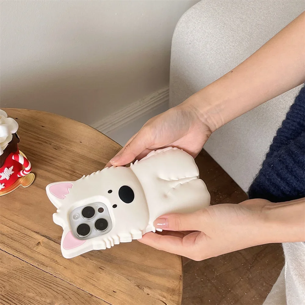 Korean Cute 3D West Highland White Terrier silicone phone case for iPhone 16  13 14 15Pro Max Fun cartoon protection soft cover