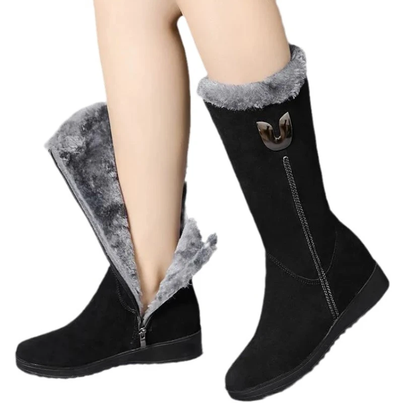 Warm High Fur Boots Women Winter Women Shoes Thick Soled Mid Calf Plush Fashion Wear Resistant Casual Snow Flat Boots