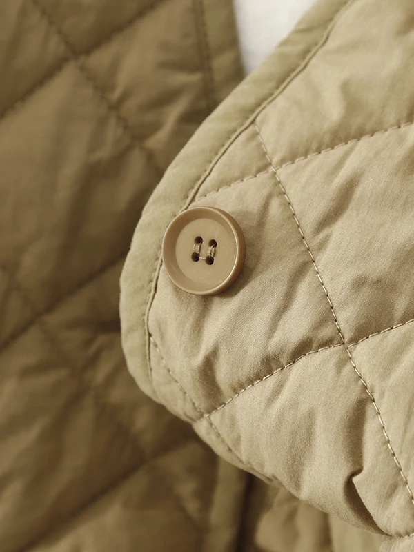 Loose Casual V-Ne Women's Cotton Jaet Korean Sle Diamond Pattern Winter Warm Thiened Long Sve One Button Closure