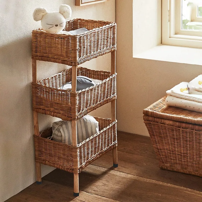 Rustic Freestanding Rattan Storage Rack, Solid Wood Multi-Tier Woven Basket Shelf for Home, Hotel and Living Room