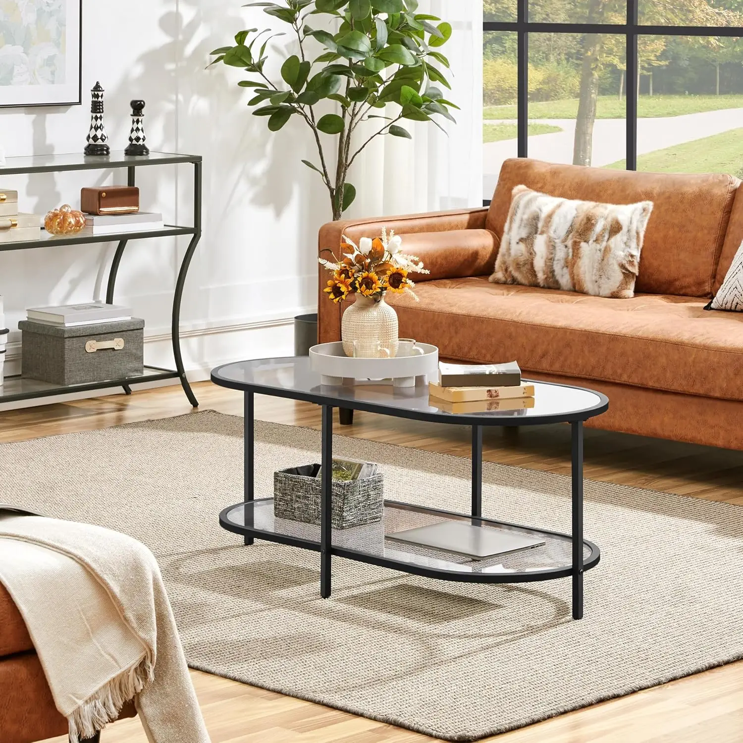 Glass Coffee Table Black Small Coffee Table for Living Room 2-Tier Modern Center Tea Table with Storage Shelf for Small Space