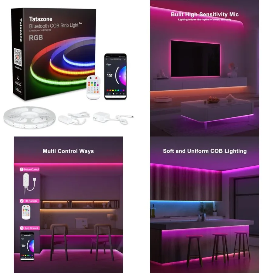 

Bluetooth RGB COB Led Strip Lights with Remote, Dimmable Smart App Led COB Light Strip, Color Changing Music Sync, Indoor RGB L
