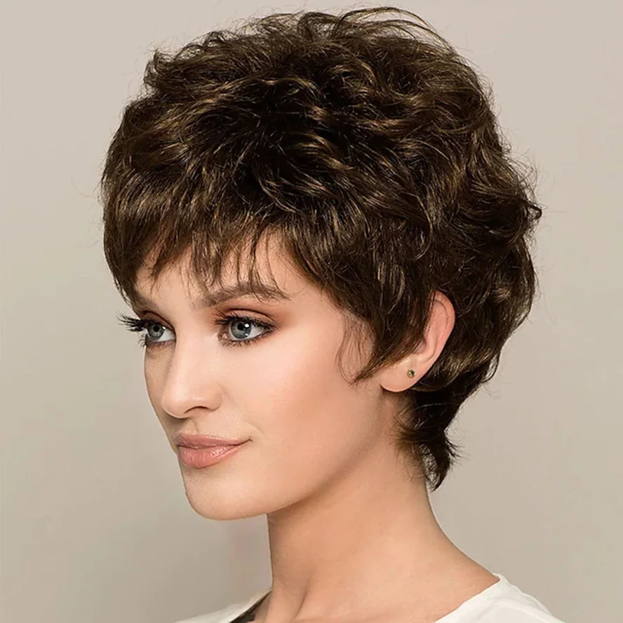 brown Synthetic Wig Curly Matte Short layered Wig Short Synthetic Hair 6 inch Women's Best Quality curling Fluffy Wigs