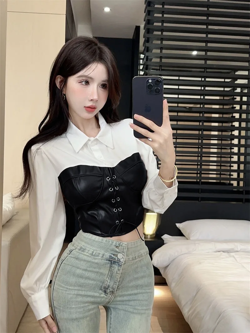 Korean Spicy Girl Fake Two-piece Shirt Women Fashion Polo Neck Leather Jacket Patchwork Lace Up Motorcycle Cool Chic Spring Wear