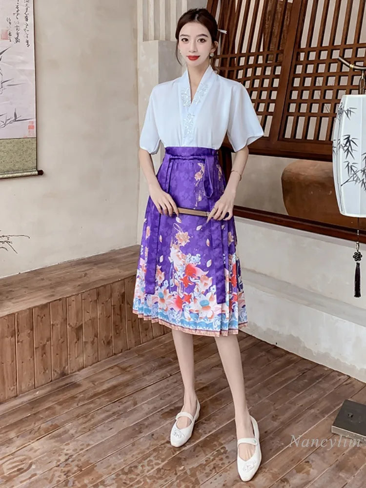 New Chinese Style Women\'s Clothing Improved Horse-Face Skirt Petite Set 2024 Summer New Embroidery V Neck Blouse Print Skirt