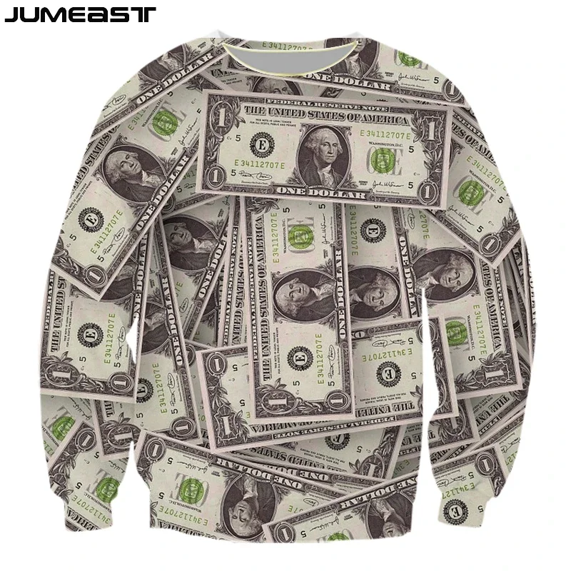 Jumeast Men Women 3D Sweatshirt Money Dollar Banknote Oversized Streetwear Long Sleeve T Shirt Spring Autumn Pullover Tops Tees