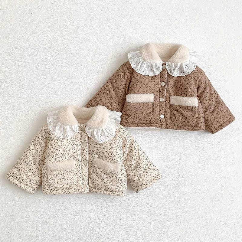 Winter Toddler Baby Girl Thicken Warm Jacket Floral Printing Newborn Baby Girls Plush Cardigan Coat Children Thick Plush Clothes