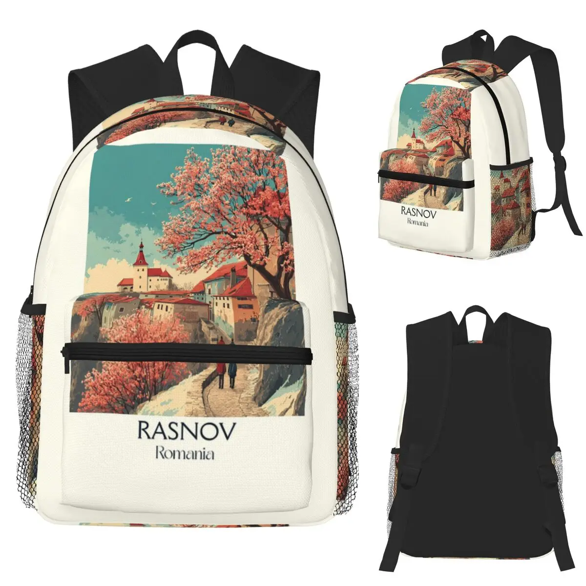 

Rasnov Romania Poster Transylvania Citadel And Spring Blossom Art Student Backpack School Bag Daypack Bookbag Shoulder Bags