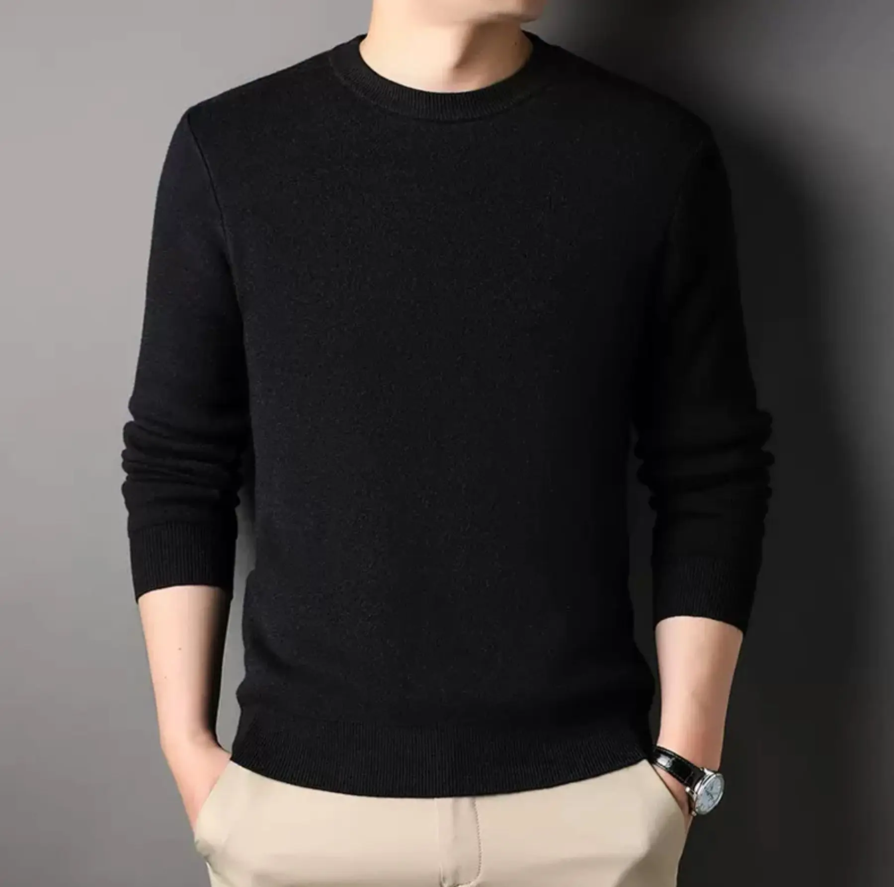 New Autumn Solid Color Youth Slim Round Collar Men's Sweater Versatile Half Turtleneck Business Knitting Bottom Shirt