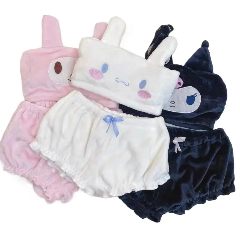

New Sanrio Kuromi My Melody Cinnamoroll Sexy Pajamas Hot Girls Flannel Cartoon Fluffy Suspender Pajamas Shorts Set Girls Gift
