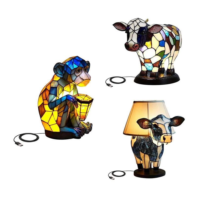مصباح طاولة على شكل حيوان، مصباح طاولة بجانب السرير على شكل بقرة أسود + أبيض مع منافذ USB، مصباح بجانب السرير لغرفة المعيشة وغرفة النوم متينة