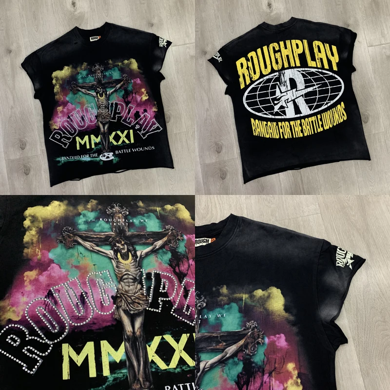 High Quality Heavy Hot Drill Print Cotton Hip-hop ROUGH PLAY Vest T-shirt Multicolored Vintage Style Rough Play Tee Tops