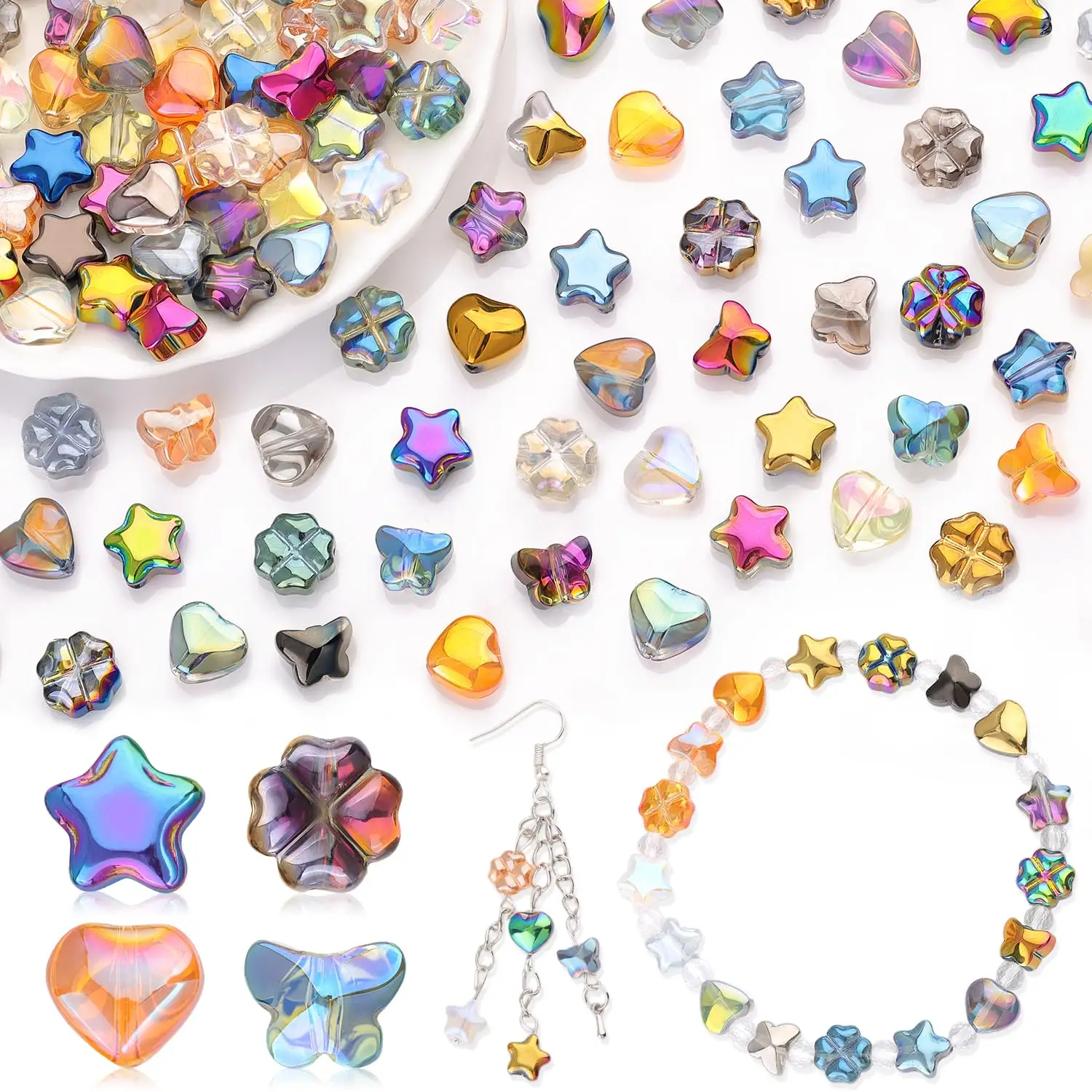 50 Stück 8 mm gemischte Glasperlen, Stern, Herz, Schmetterling, Blume, lose Perlen für DIY Halskette, Armband, Ohrringe, Schmuckherstellung