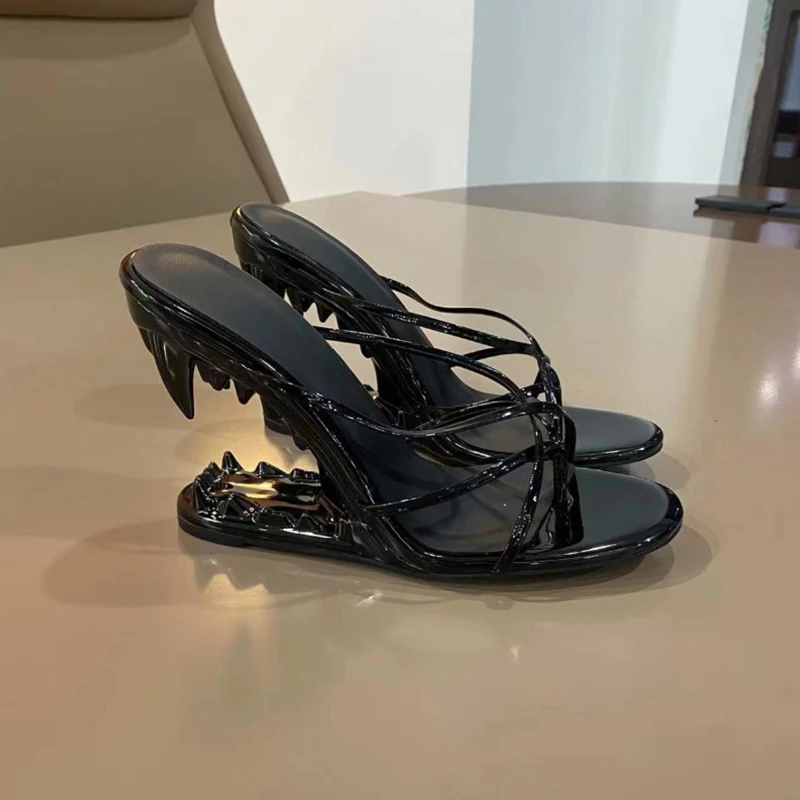 New Women's Shoes Vintage Shark Teeth High Heels Gothic Patent Leather Open-toe Sandals Women Fashion Show Party High Heel Pumps