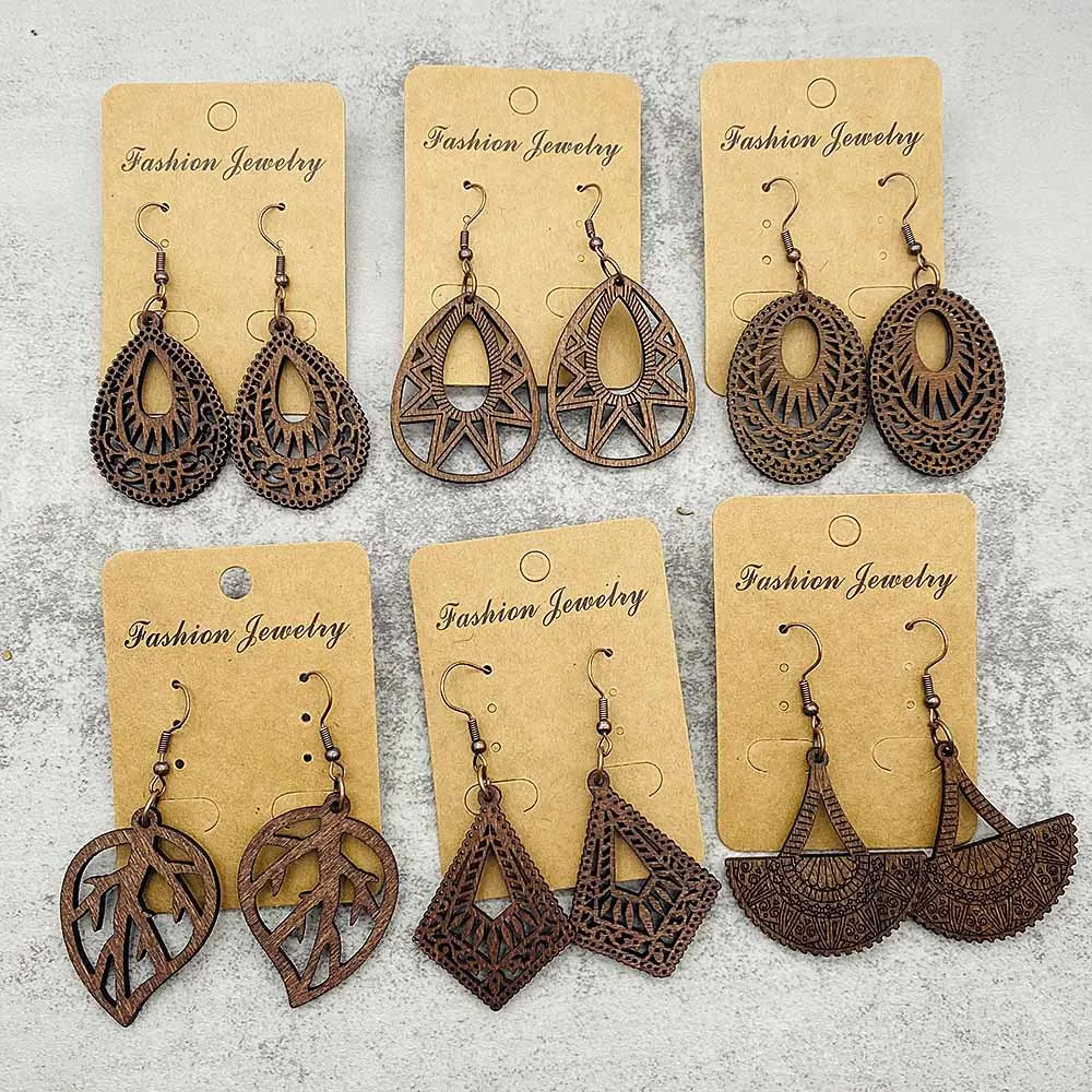 Vintage Hollowed Out Wooden Earrings Fashionable  Bohemian Style Creative Geometric Earrings Set for Women\'s Daily Wear