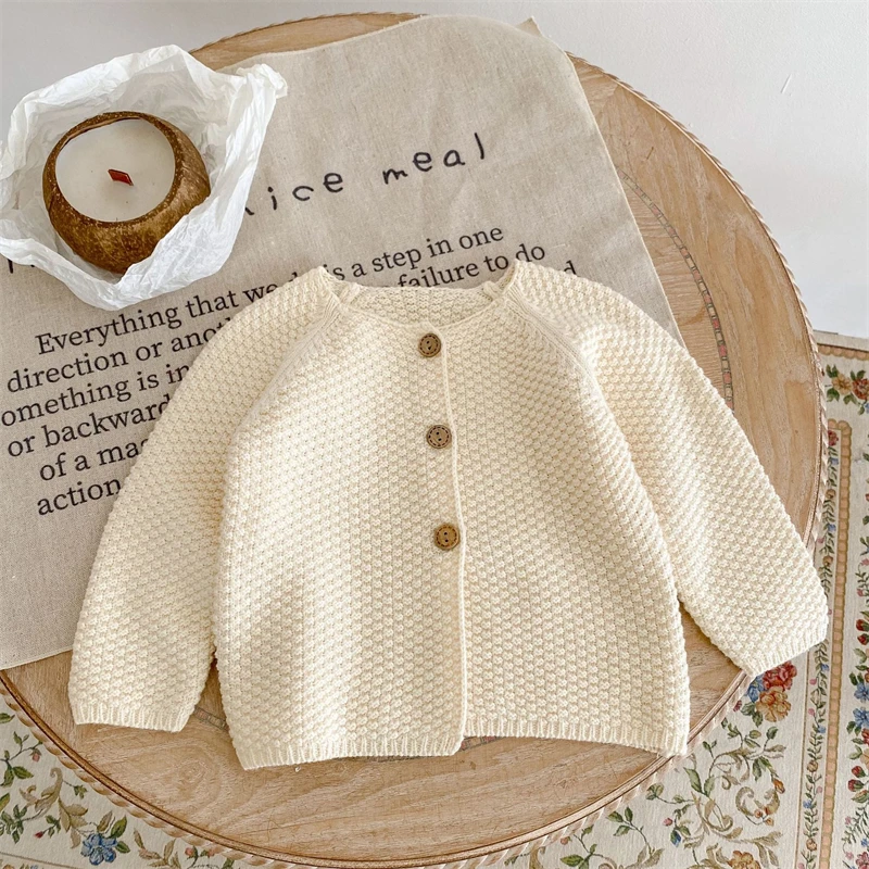 Cárdigan de punto para niñas pequeñas, ropa de primavera y otoño, suéter de punto con cuello redondo sólido, abrigo para niños