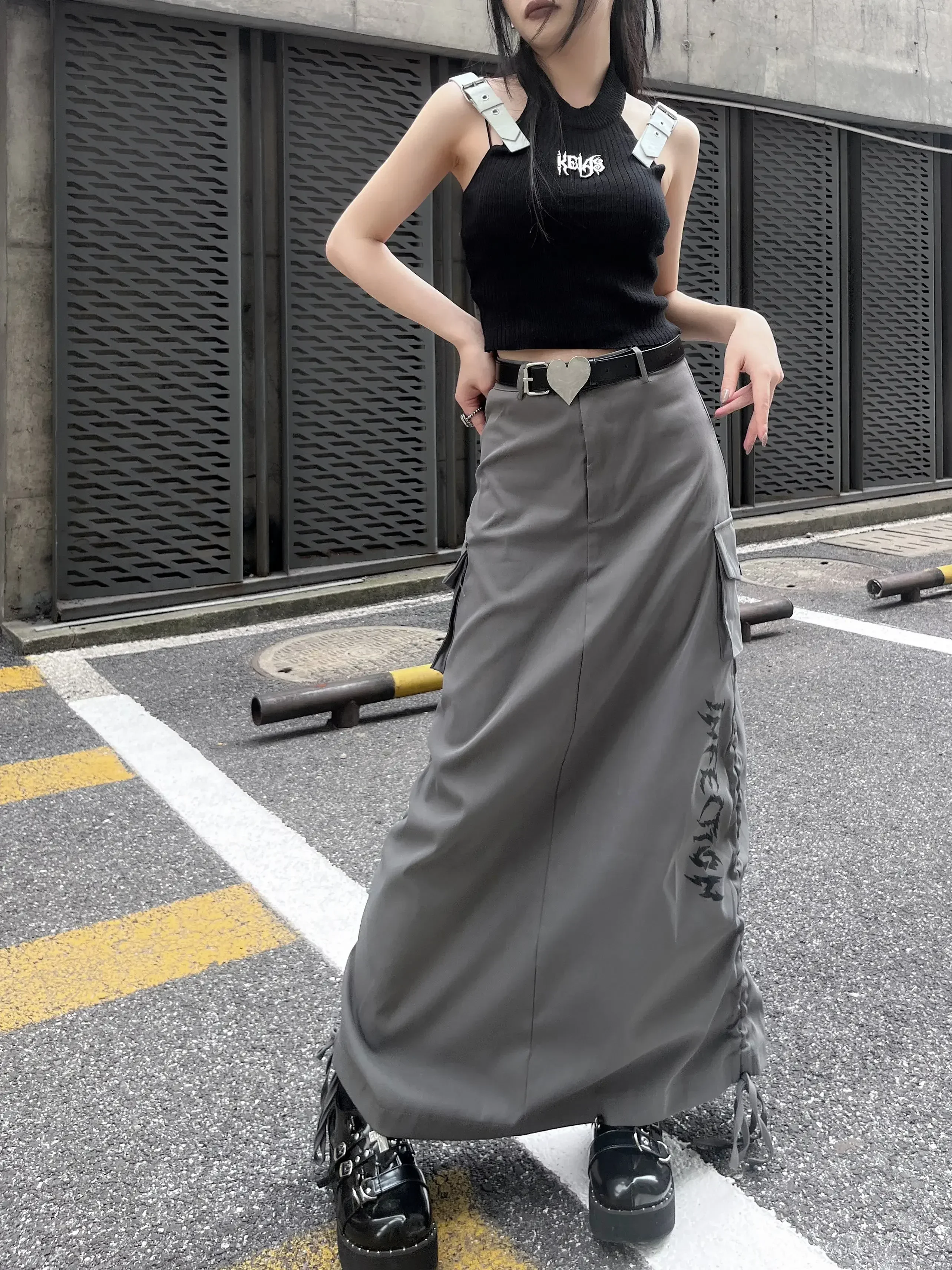 American Vintage Autumn Fashion Skirt Women High Waist Slim-Fit Drawstring Split Gothic Harajuku Long A-Line Skirs with Belt