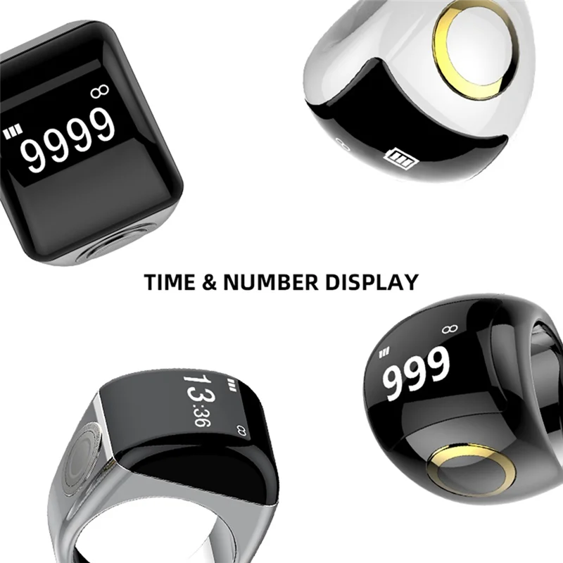 A45U Zinc Alloy Smart Ring With Charging Box Waterproof Digital Counter APP Controlled Display 5 Prayer Time Reminders Gold,22Mm
