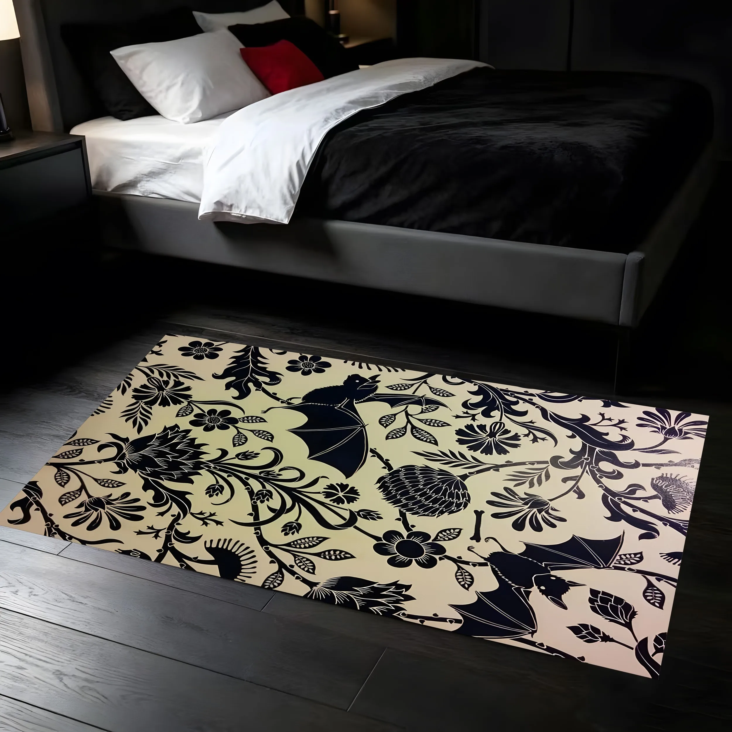 Floral Bat Print Dark Gothic Halloween Velvet Rug for Living Room Entryway Bedroom Mysterious Festive Decor
