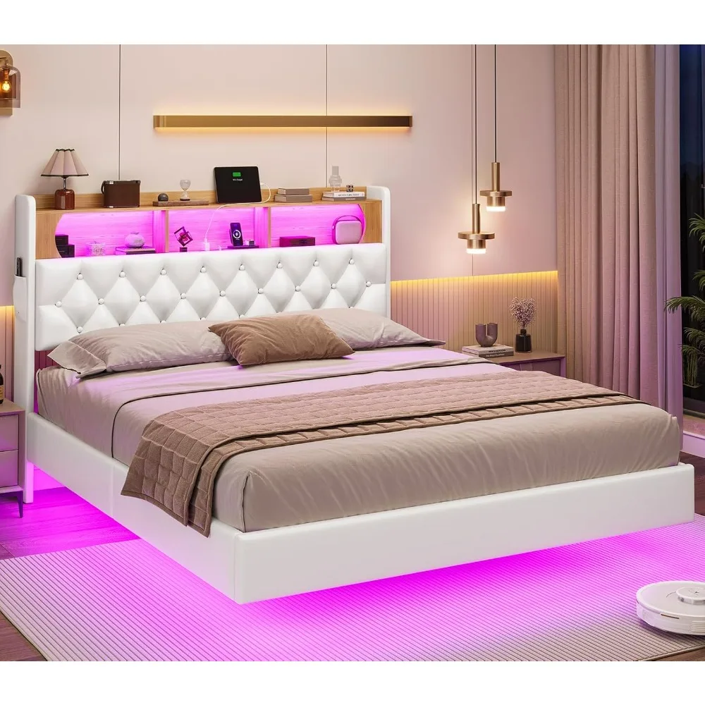 Full Bed Frame with LED Lights & Storage Headboard, Floating Platform Bed with Charging Station, Modern LED Floating Bed