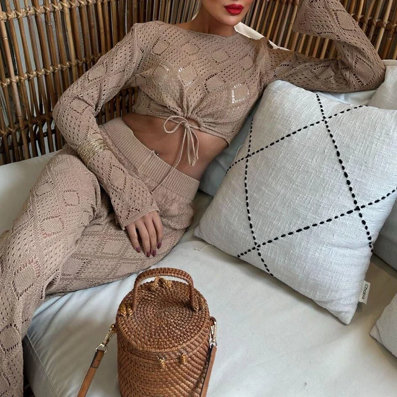 

Summer New Hollow Out Knitted Solid Color 2 Piece Elegant Women Long Sleeve Crop Tops&Wide Leg Pants Sets Vintage Commute Outfit