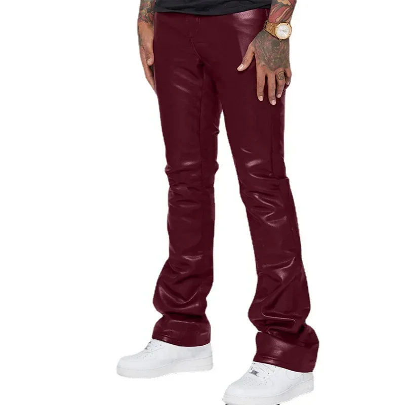 2024 Fall Winter Motorcycle Micro Elastic Black Men\'s Leather Pants , Red Plus Size Medium Waist Loose Casual Hip-hop PU Pants