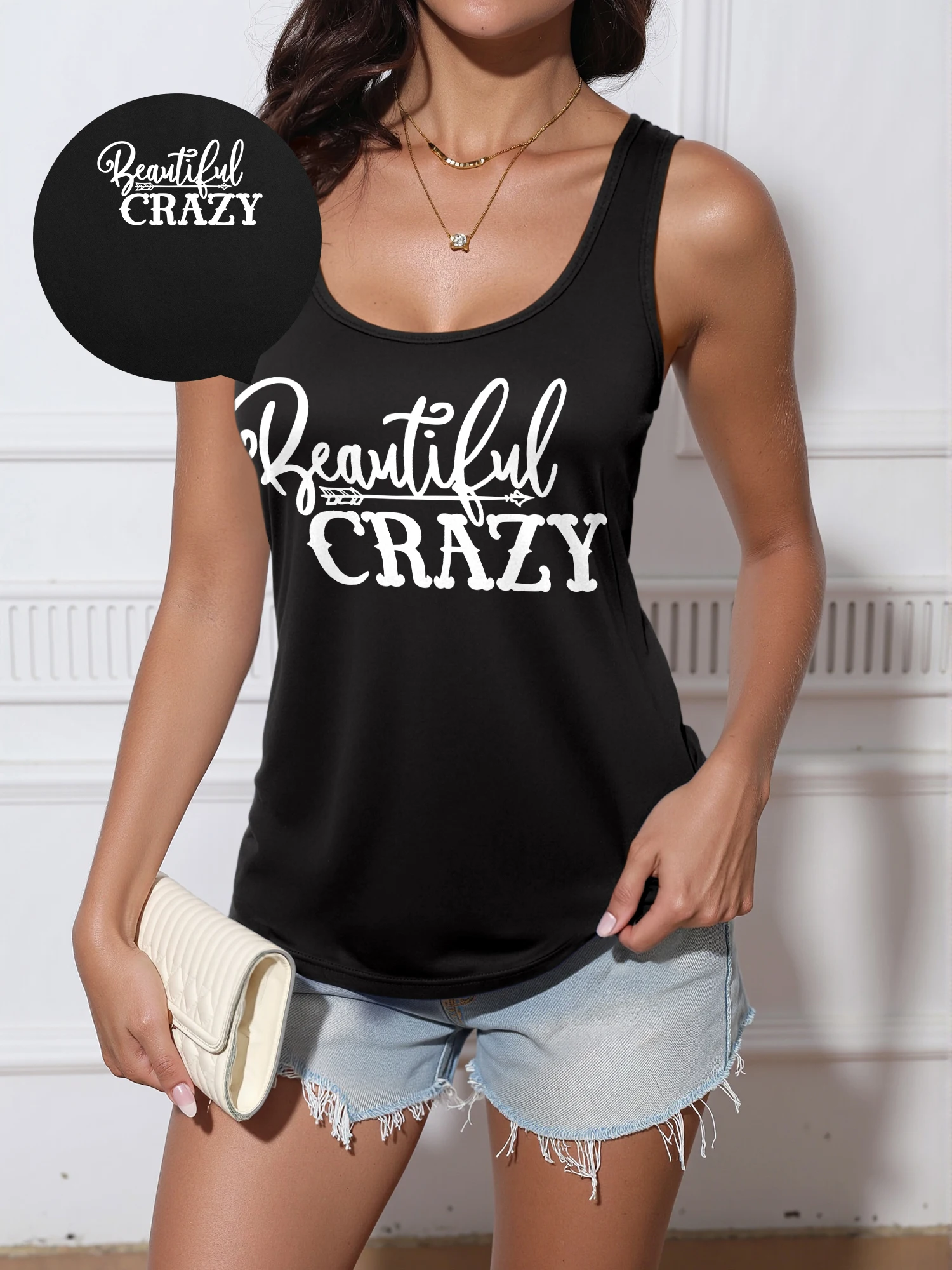 Beautiful Crazy Quote Tank Top Sleeveless Scoop Neck Casual Women Stylish Cursive Print Summer Top