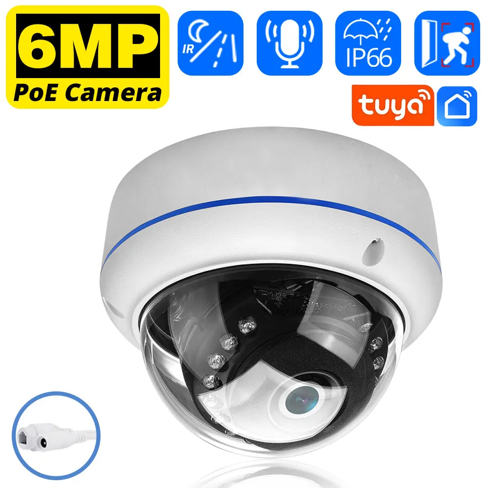 Smart Life 6MP POE Dome IP Security Camera Outdoor Waterproof Home Ceiling Camera Video Surveillance Audio Record CCTV Cam 5MP