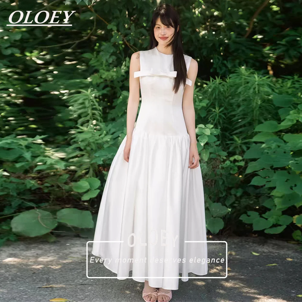 

OLOEY Simple Soft Satin A-Line Wedding Dress Korea Photoshoot O Neck Sleeveless Bridal Gown Ankle Length Customized