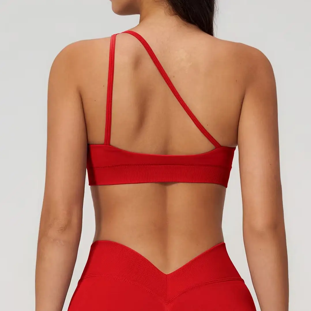 New Single Shoulder Back Yoga Bra Sexy Women Sports Bra Gym Push Up Workout Underwear High Strength Support Running Fitness Bras