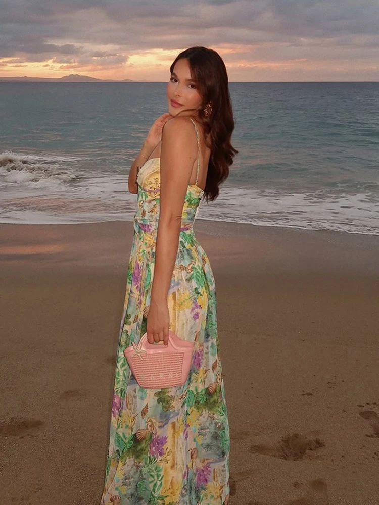 Sisterlinda Monell Floral Print Dress Stunning Summer Hipster Shirring Hollow Sleeveless Splitted Maxi Bodycon Female Attirewear