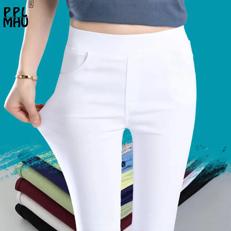 

Casual Mid Waist Stretch Skinny Pants Women 2023 Summer White Pencil Pantalones Solid Color Basic Capris Ankle Length Leggings