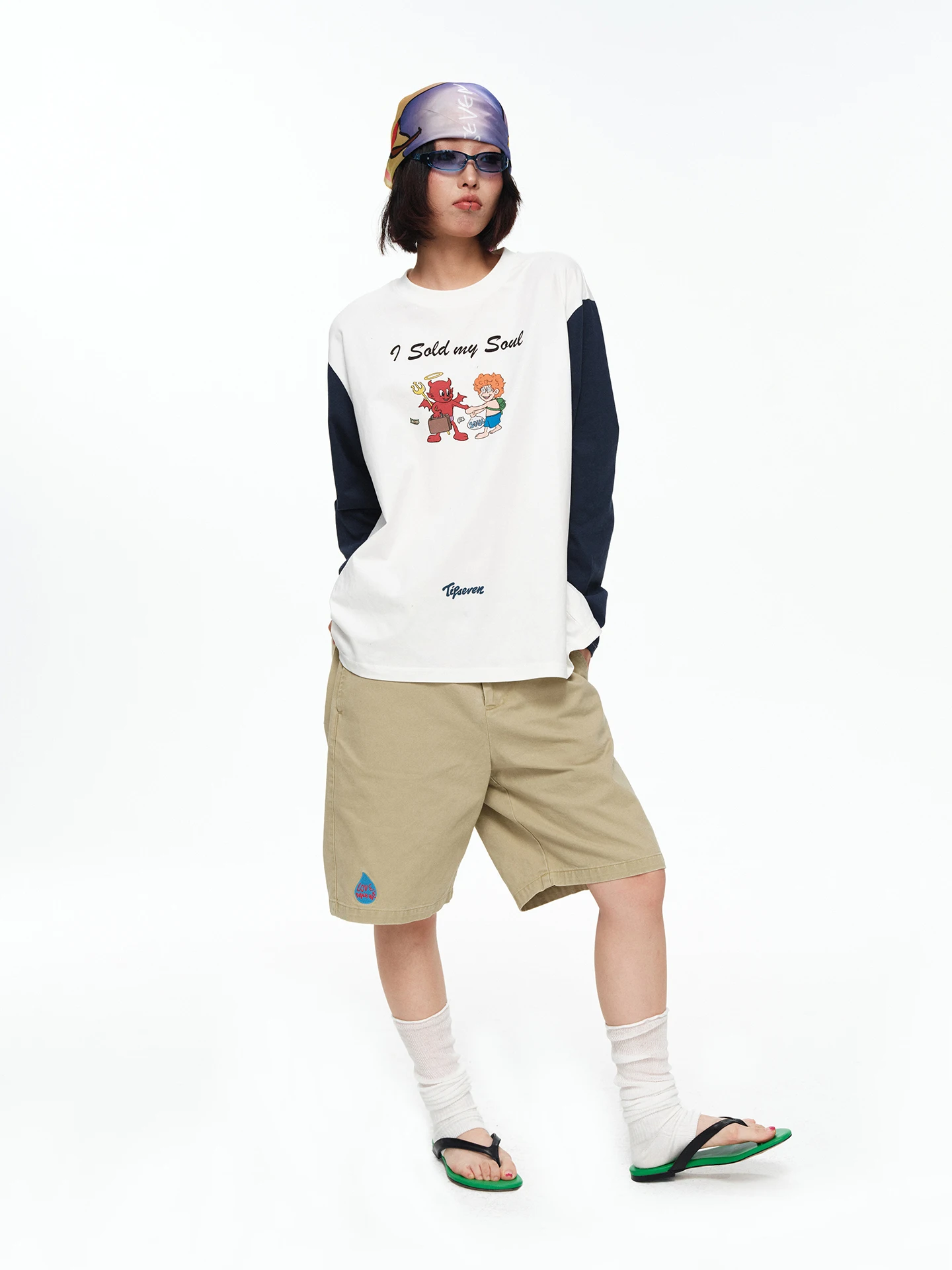 TIPSEVEN Original Design Loose Fit Long Sleeve T-Shirt Women's Vintage Contrast Color Cartoon Print Shoulder Insertion Cotton...