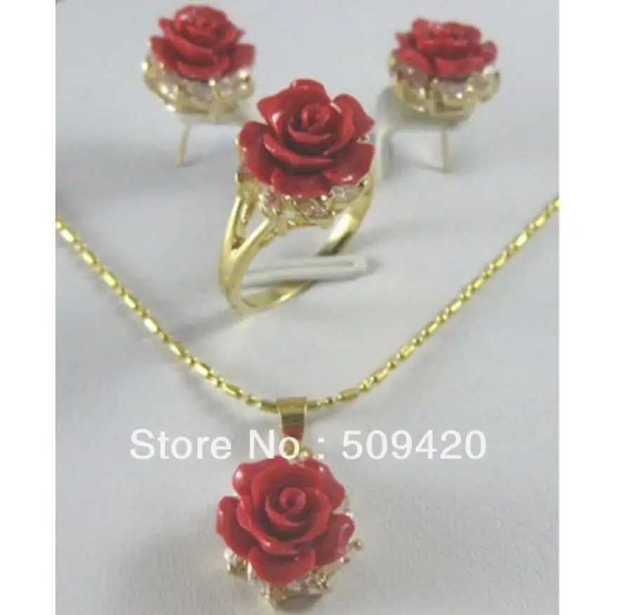 new Pretty Red Coral rose Flower Pendant Earring Ring lady's set