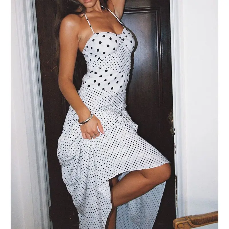 Combhasaki Women Summer Sleeveless Backless Lace-up Halter Ruched V-Neck Dot Print Ruffle Low Waist Beach A-line Long Cami Dress