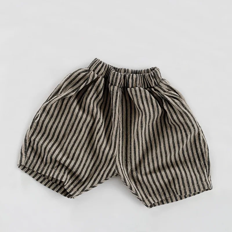 Kids Pants 2024 Cotton Hemp Stripe Shorts Summer Japan Korean Personality Causal Time Forest Tide Childrens Clothing