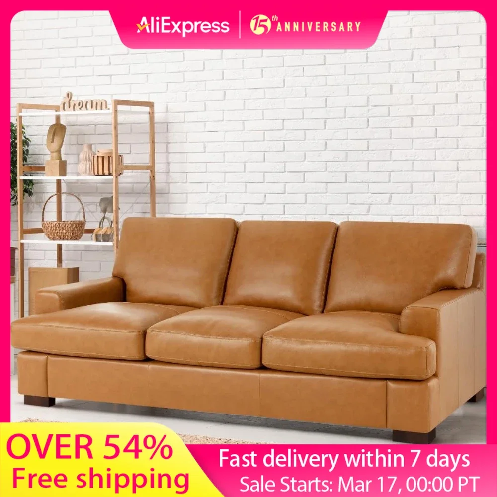 Genuine Leather Sofa - Luxurious Comfort, Goose Feather Cushion Filling, Square Arm Design, Sturdy Block Legs, Living Room Sofas