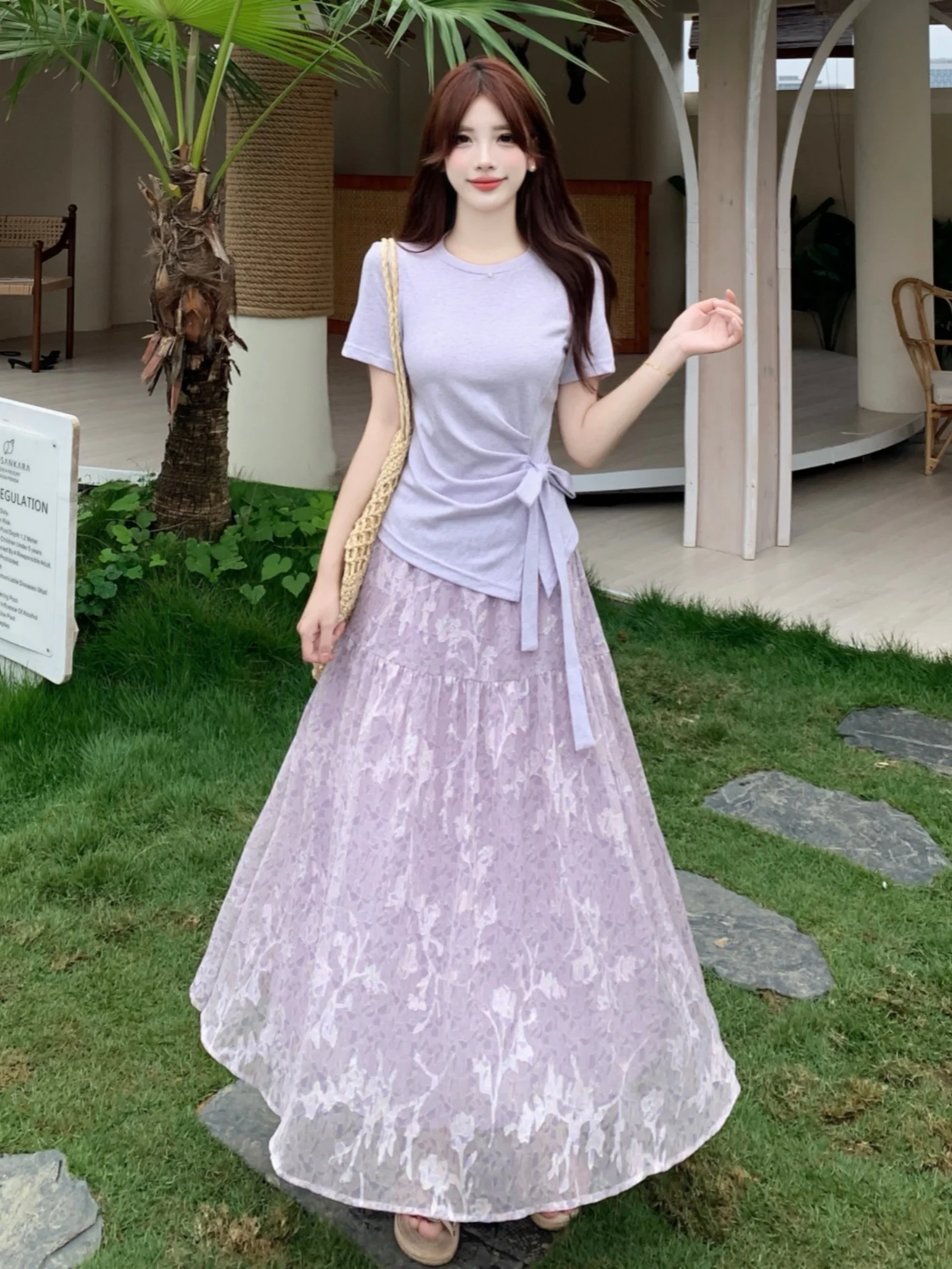 Summer Floral Print Asymmetrical Set Beautiful Large Size Women's Clothing Two-Piece Suit Korean Style Commute Polyester Fiber