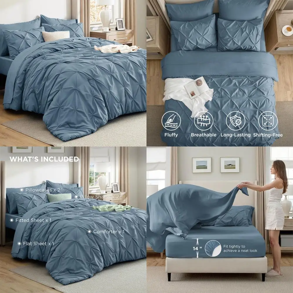 

7-Piece Mineral Blue Comforter Set for California King Bed, Pintuck Design with Sheets, Pillowcases, and Shams