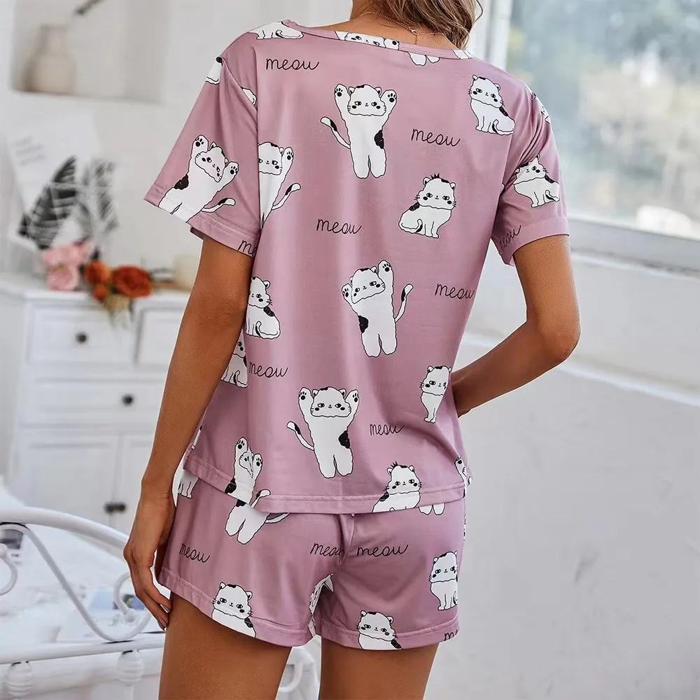 Women\'s Pajamas Set Sleepwear 2 PCS T-shirt And Shorts S M L Pink Ventilate Soft Casual Cartoon Cat Print