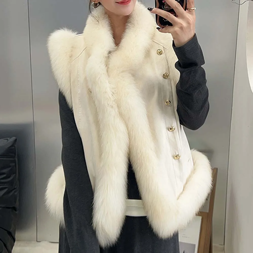 2025 المرأة الشتاء الثعلب الفراء سترة الحلو فروي جاكيت بلا إكمام صدرية أوزة أسفل بطانة الداخلية سترة