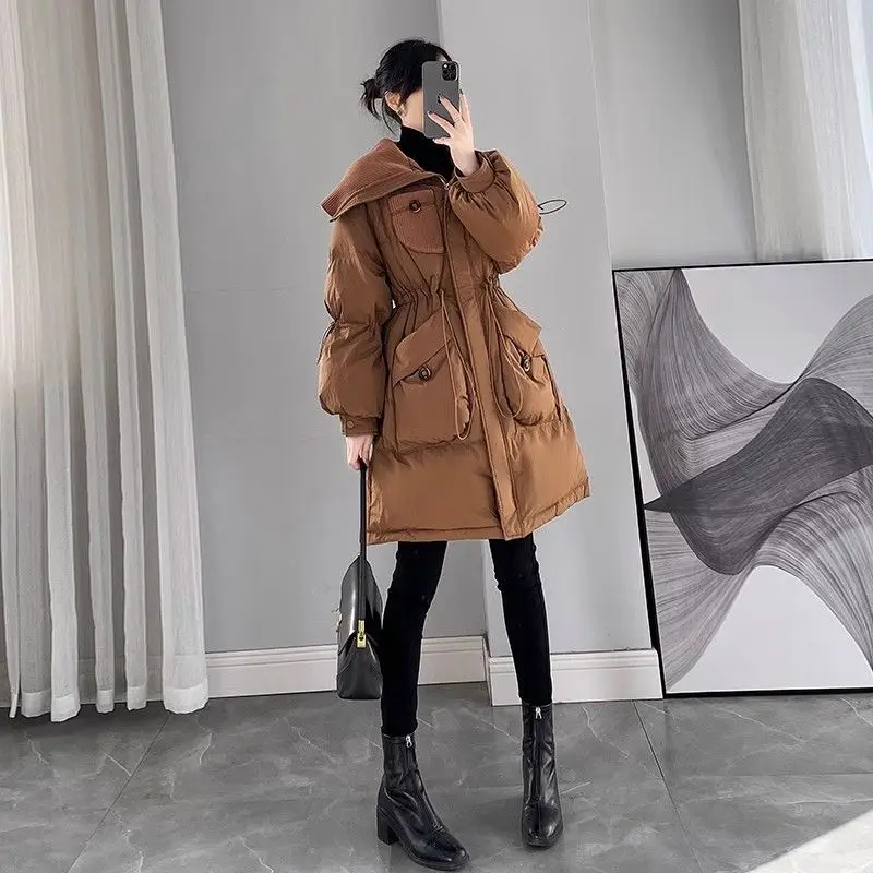 Knitted high neck duck down jacket winter new design sense casual and waist cinching fashionable warm mid length down jacket