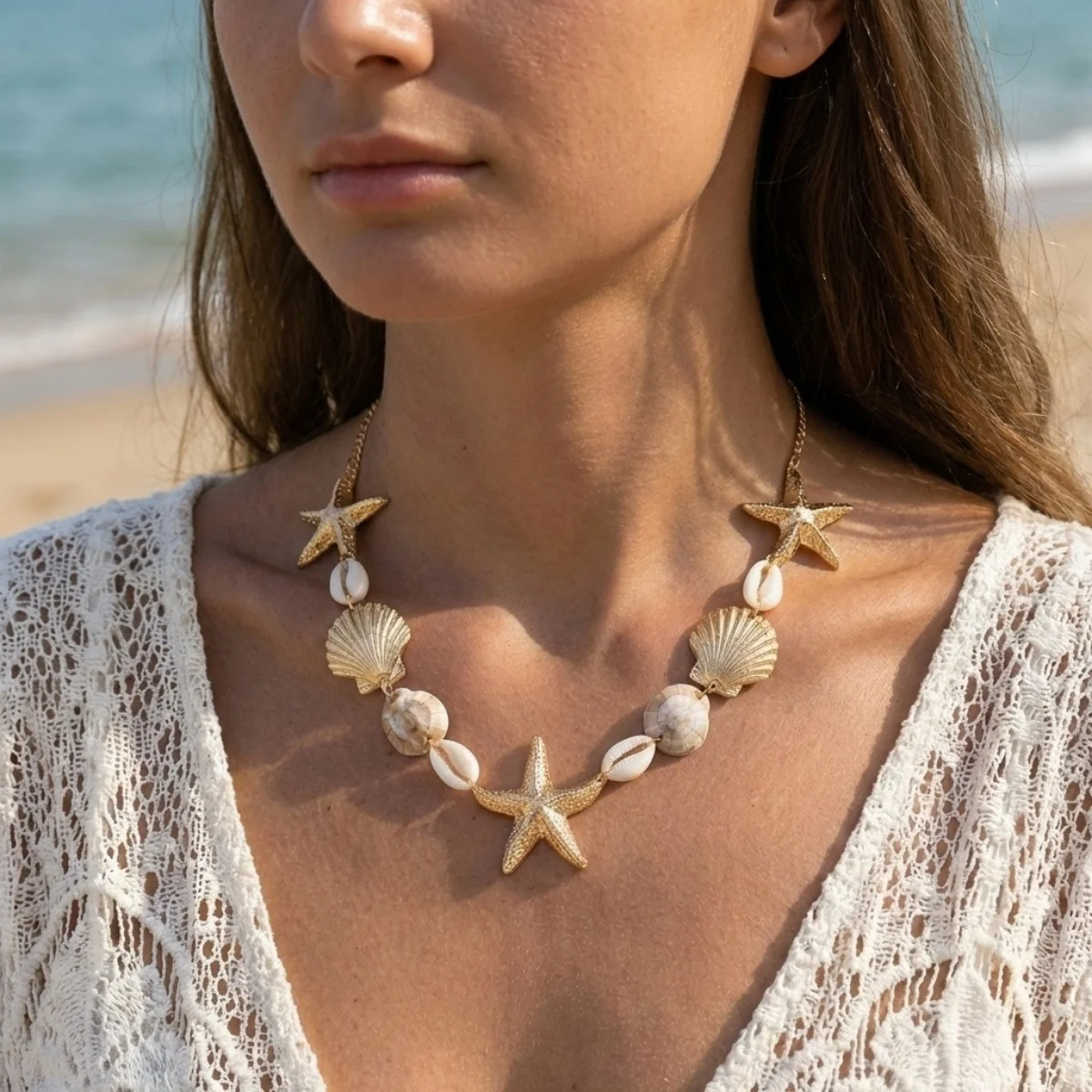Böhmische Halskette aus Harz und Metall mit Seestern-, Muschel- und Schneckenmotiven für Damen und Herren, Sommerurlaub, Seestern-Choker, Ozean- und Strand-Schmuck – Detail 7